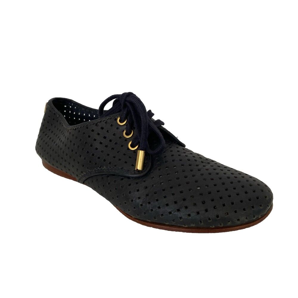 Tory Burch Black Perforated Leather Lace Up Oxford Flat Round Toe Size 5…